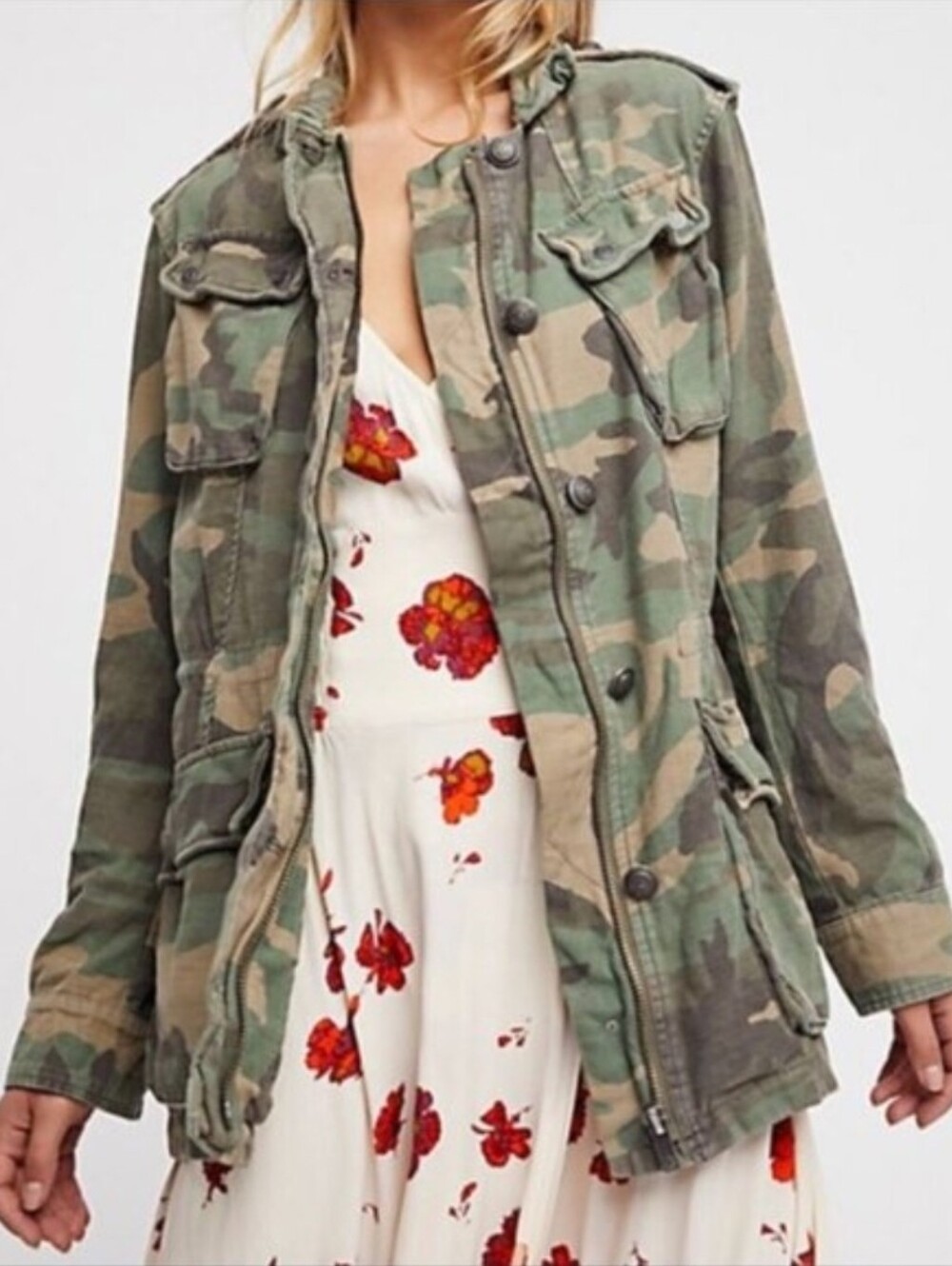 Free People Military-Style Camouflage Field Jacket - Green Camo